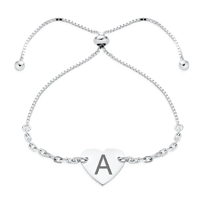 Personalized Women’s Cuff Bracelets-Script or Block Letter A-Z Initial Monogram Heart ID Bracelet Sterling Silver