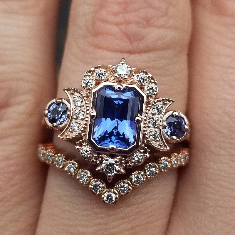 Simple Gold Rings-Chatham Sapphire Selene Celestial Engagement Ring Set - Diamonds and Emerald Cut Blue Chatham Sapphires - 14k Rose Gold