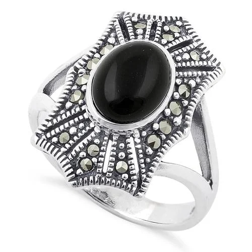 Women’s Promise Rings-Sterling Silver Black Onyx Web Marcasite Ring