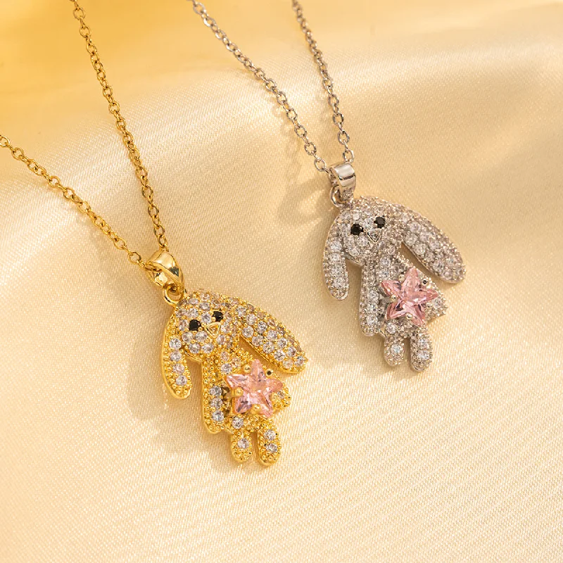 Choker Necklaces-Stainless Steel 18K Gold Plated Cute Rabbit Inlay Zircon Pendant Necklace