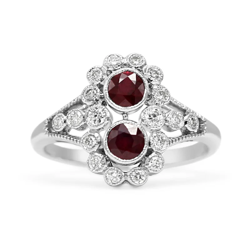 Modern Rings-18ct White Gold Diamond & Ruby Ring, Diamond Shoulders