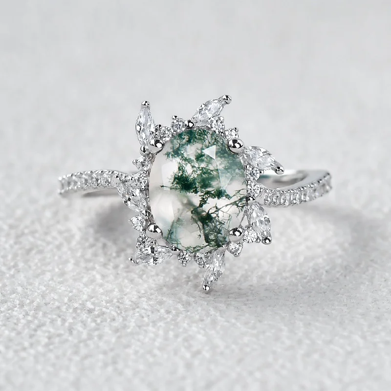 Custom Engagement Rings with Diamonds-Oval Moss Agate & Moissanite Halo White Gold Engagement Ring