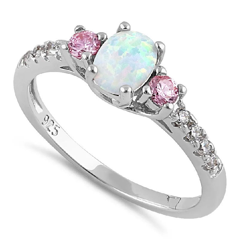 Custom Birthstone Rings-Sterling Silver Enchanted Oval White Lab Opal Pink CZ Ring