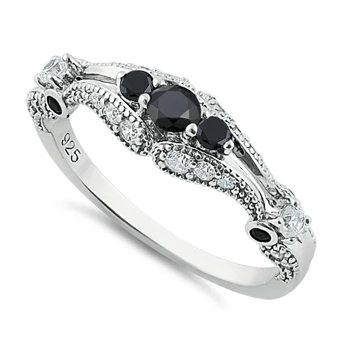 Vintage Platinum Rings-Sterling Silver Victorian Black CZ Ring