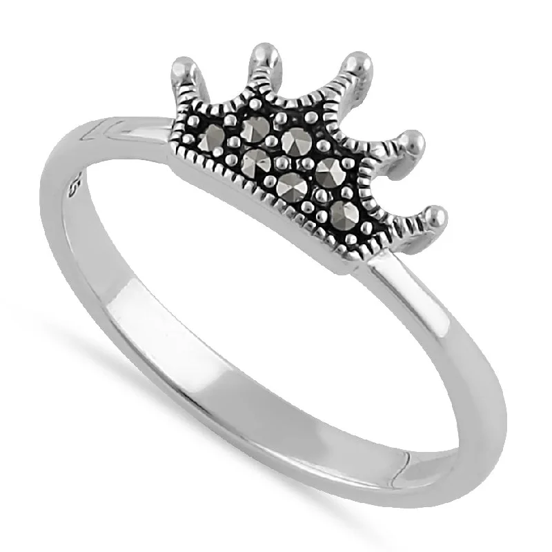 Engagement Rings with Side Stones-Sterling Silver Mini Crown Marcasite Ring