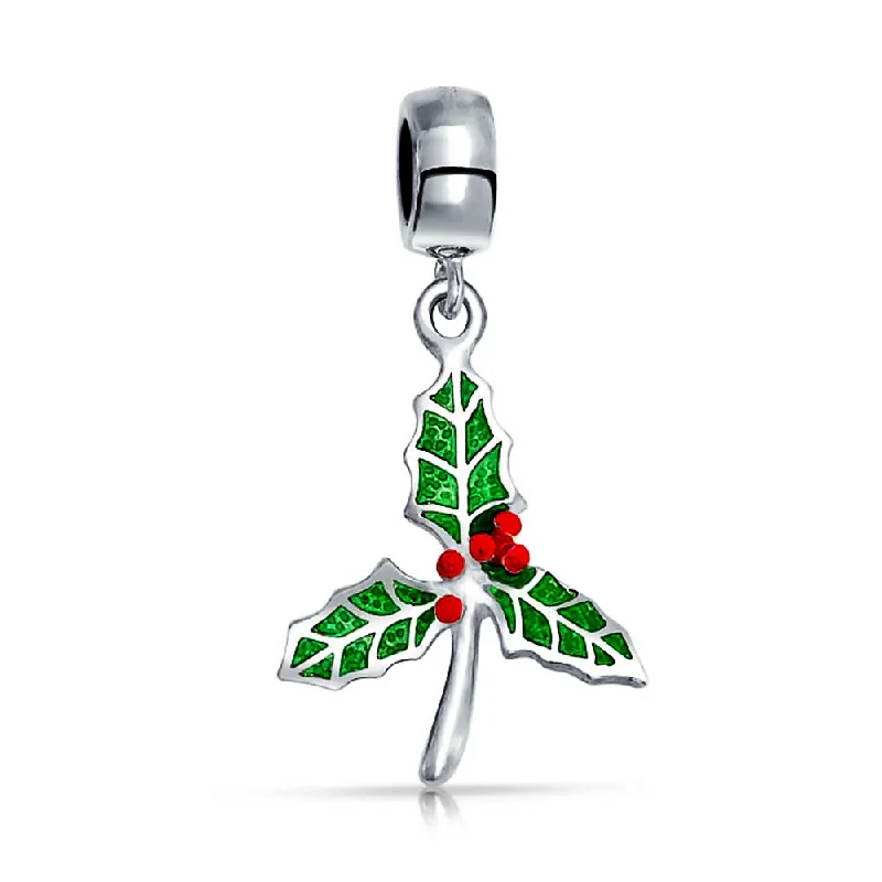 Simple Charm Bracelets-Christmas Charm Bead Green Mistletoe Holly Dangle Sterling Silver for Bracelets