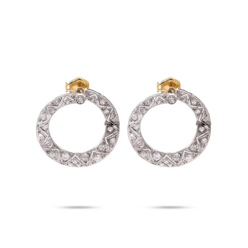 Rose Gold Earrings-Art Deco Diamond Platinum and 18K Yellow Gold Hoop Earrings