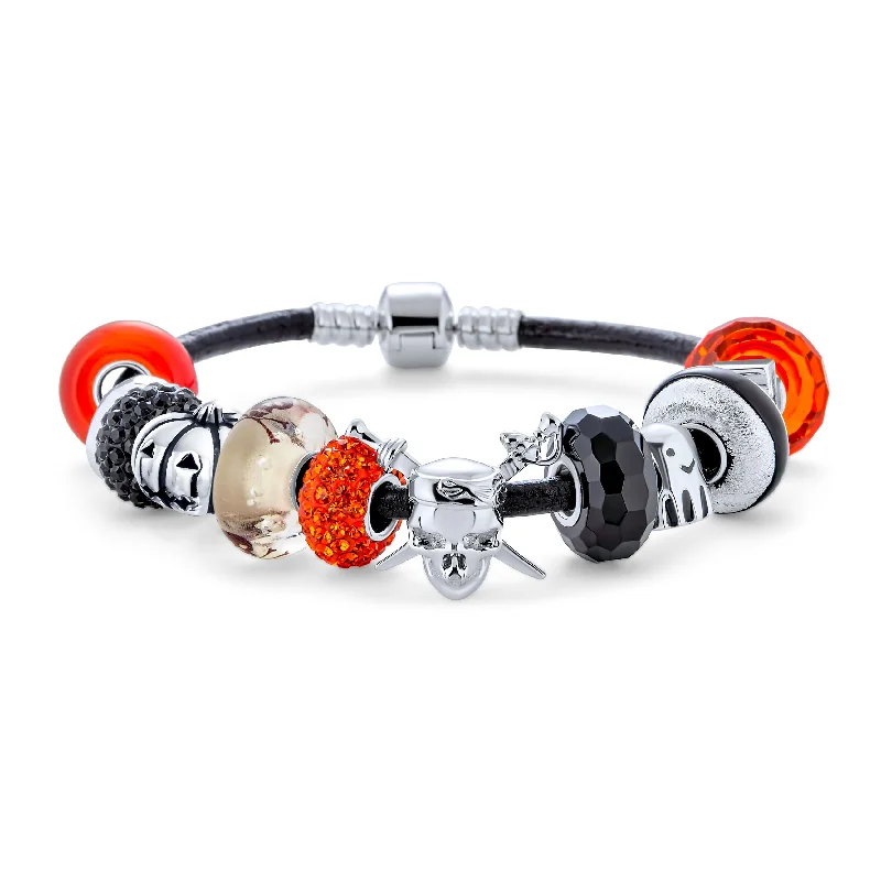 Engraved Name Bracelets-Cross Skull Ghost Pumpkin Charm Bracelet with Black Orange Beads Leather & Silver