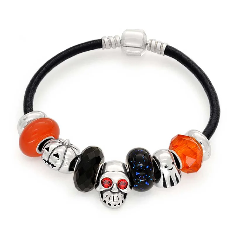 Custom Beaded Bracelets-Halloween Skull Ghost Pumpkin Charm Leather Bracelet Sterling Silver