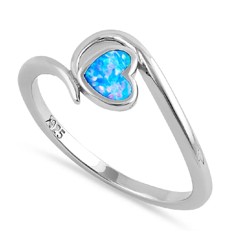 Artisan Rings-Sterling Silver Blue Lavender Lab Opal  Heart in Wave Ring