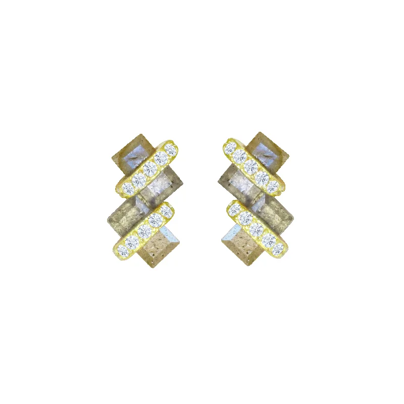 Elegant Stud Earrings-Pavé Wrapped Double Baguette Gemstone Stud Earrings