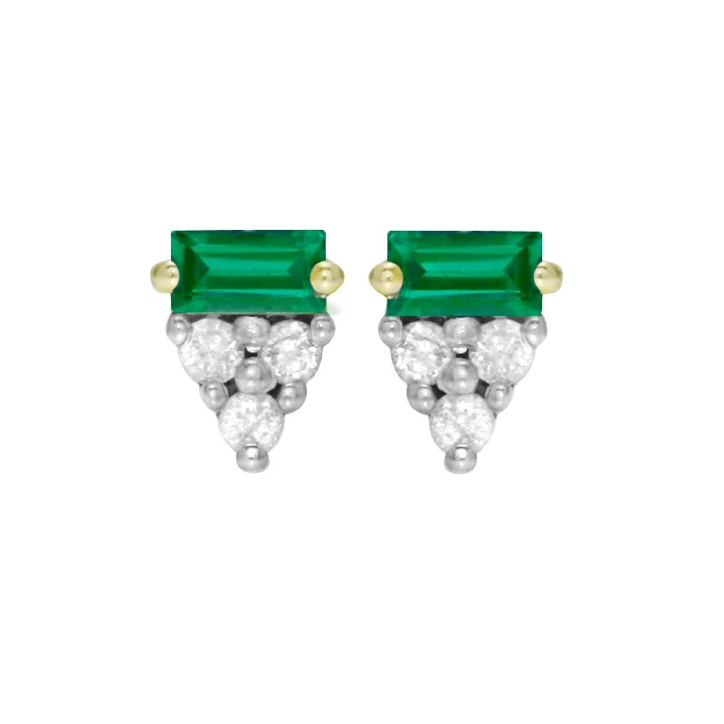 Pearl Drop Earrings-Emerald Baguette and Diamond Trio Pavé Stud Earrings, 14k