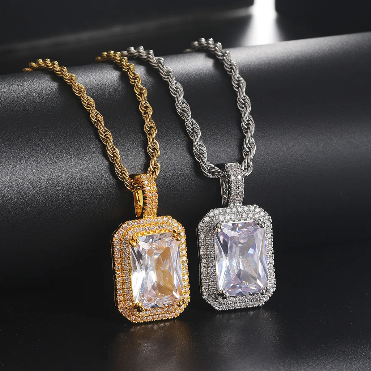 Dainty Necklaces-Hip-Hop Luxurious Rectangle 304 Stainless Steel Copper Inlay Zircon Gold Plated Unisex Pendant Necklace