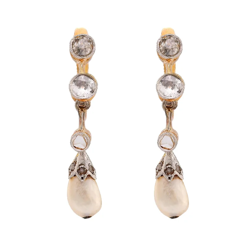 Designer Earrings-Antique natural pearl old cut diamond 18k yellow gold drop earrings