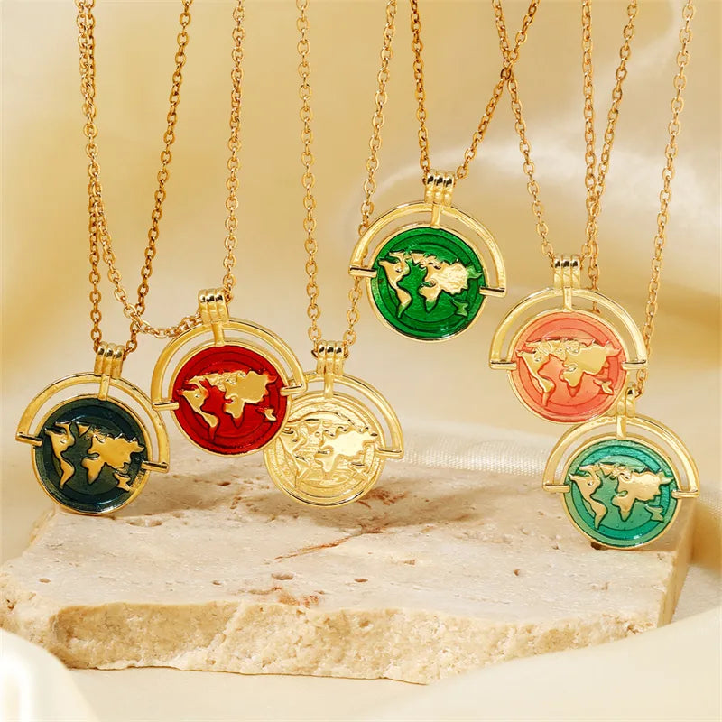 Animal Necklaces-304 Stainless Steel Copper K Gold Plated Hip-Hop Rock Shiny Three-Dimensional Round Map Pendant Necklace