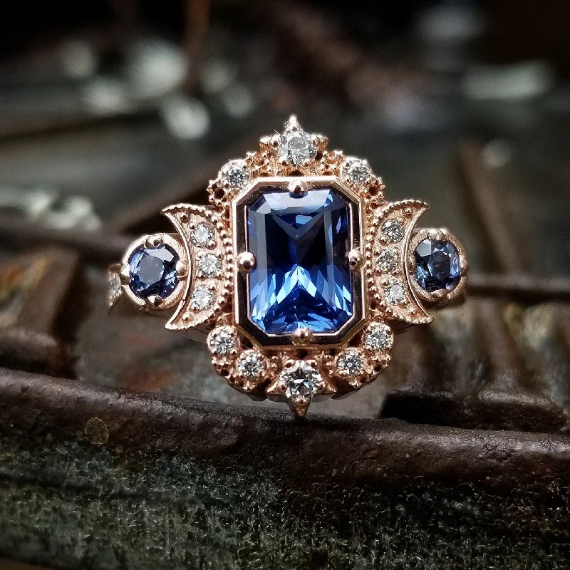 Double Band Rings-Chatham Sapphire Radiant Selene Triple Moon Engagement Ring - Diamonds and Radiant Cut Blue Chatham Sapphires - 14k Rose Gold