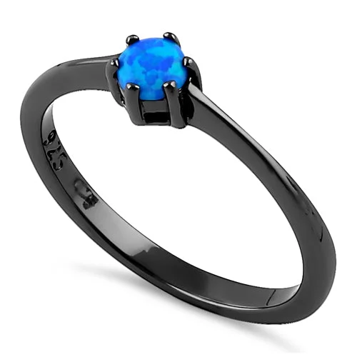 Titanium Wedding Rings-Sterling Silver Black Rhodium Plated Round Blue Lab Opal Ring