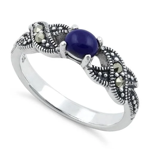 Men’s Luxury Rings-Sterling Silver Oval Blue Lapis Marcasite Ring