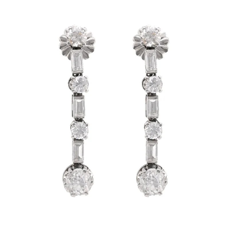 Chunky Earrings-Mid-Century 4.2 Carat Total Weight Diamond Platinum Drop Earrings