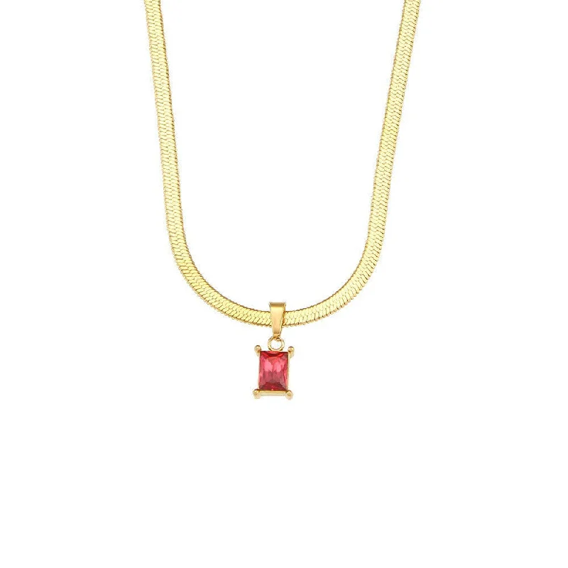 Flat Snake Chain Square Diamond Pendant Necklace - Red