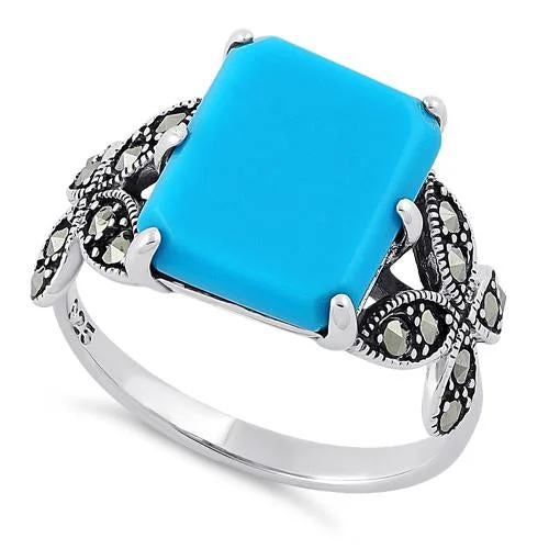 Designer Rings-Sterling Silver Simulated Turquoise Square Butterfly Marcasite Ring