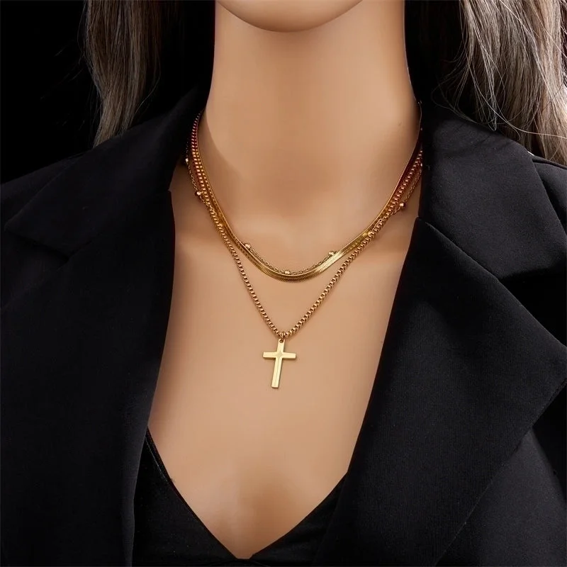 Statement Necklace Set-Vintage Style Cross Titanium Steel Gold Plated Layered Necklaces 1 Piece