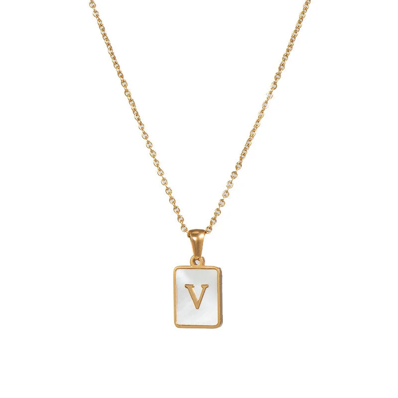 Fritillary Letter Square Pendant Necklace-Gold-Letter V