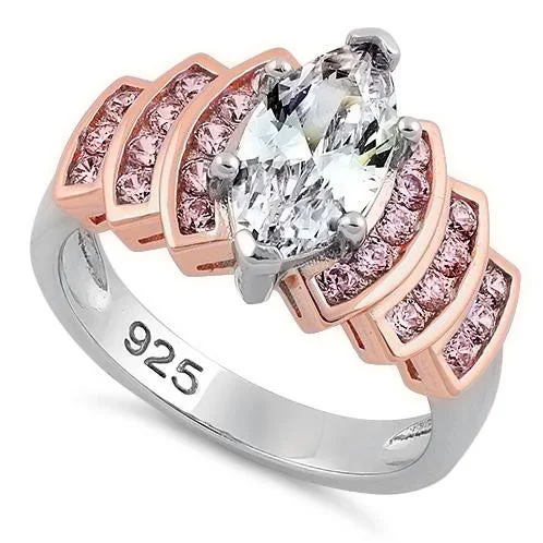 Couples Rings-Sterling Silver Two-Tone Rose-Gold Marquise Engagement CZ Ring