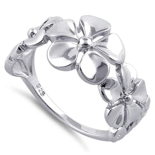 Birthstone Wedding Rings-Sterling Silver Triple Plumeria Ring