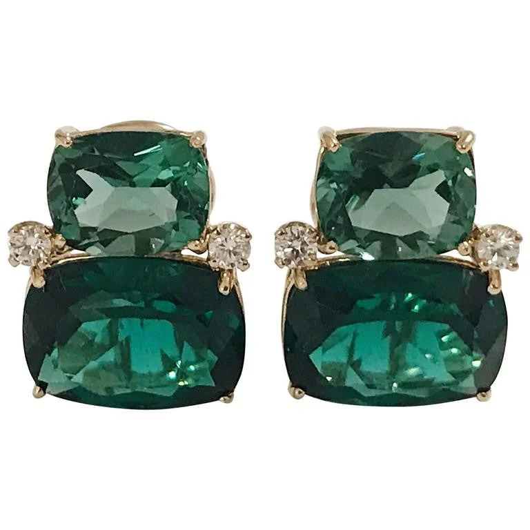 Winter Earrings-Double Cushion Green Quartz Diamond Yellow Gold Earrings