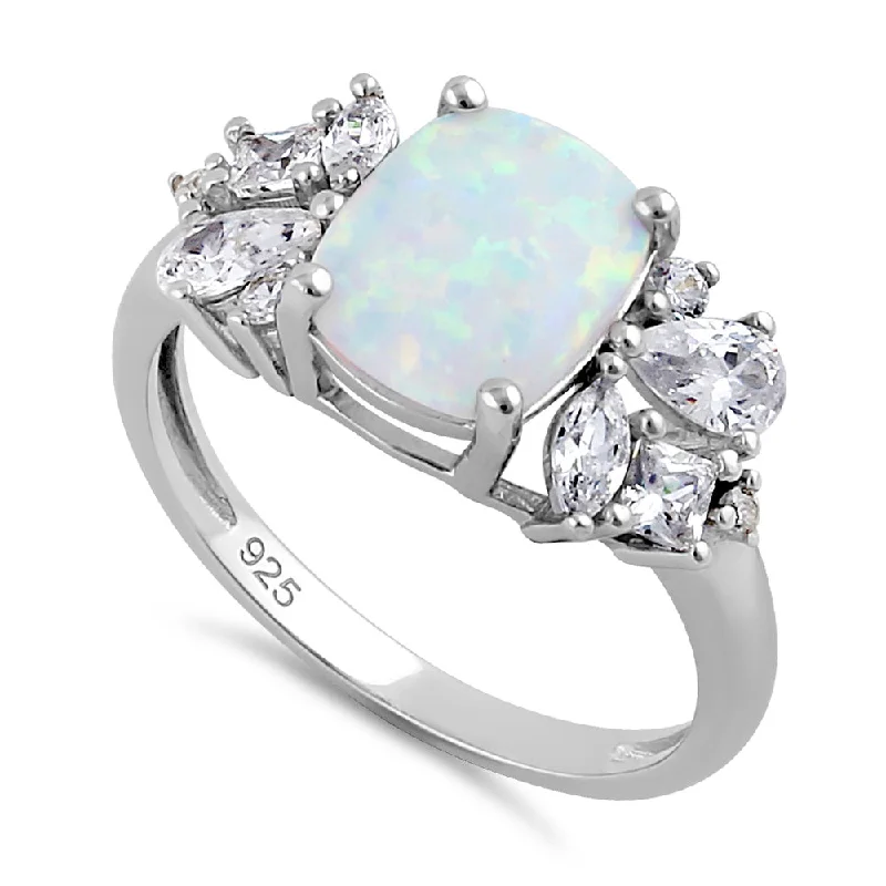 Luxury Wedding Bands-Sterling Silver Elegant Squoval White Lab Opal with Clear CZ Ring