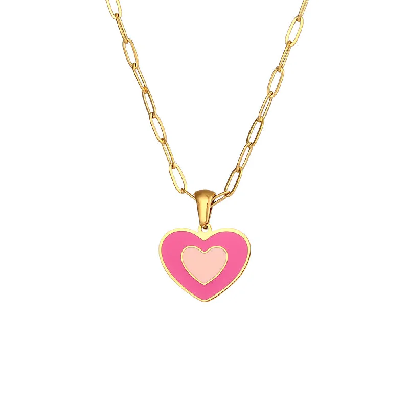 Double layered oil dripping love pendant necklace - pink