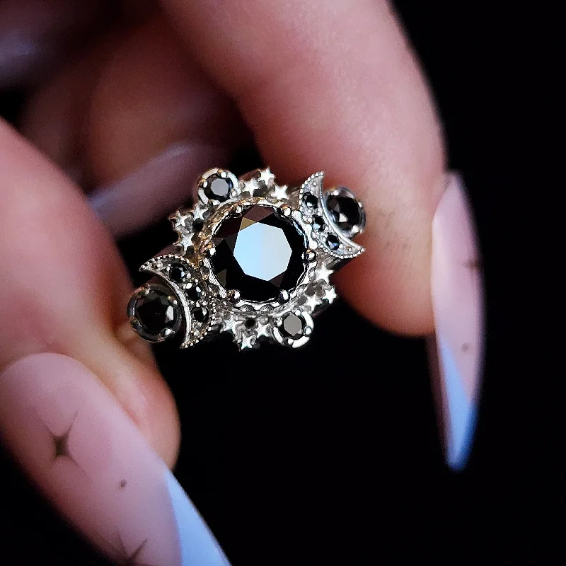 Custom Vintage Rings-Black Diamond Gothic Moon Engagement Ring Cosmos Triple Moon 3 Stone Ring with Stars Dark Wedding Jewelry