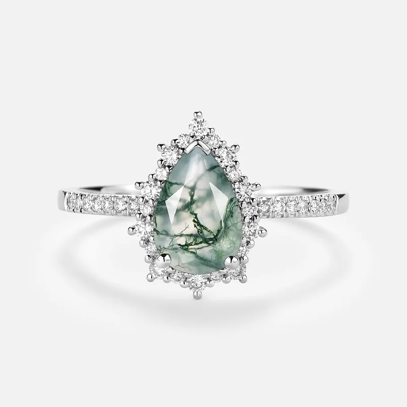 Unique Rings-Halo Pear Shaped Moss Agate Engagement Ring - Ophelia