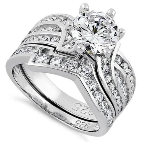 Statement Rings-Sterling Silver CZ Engagement Ring Set