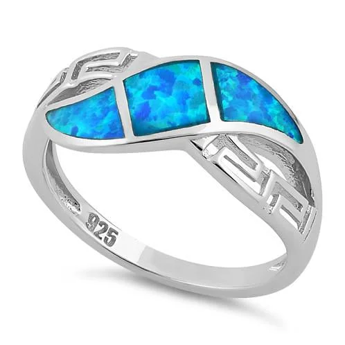 Gold Wedding Bands-Sterling Silver Greek Pattern Blue Lab Opal Ring