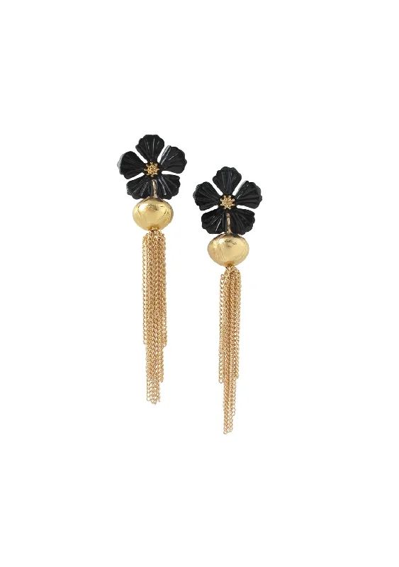 Simple Earrings-Black Flower Gold Tassel Post Earrings