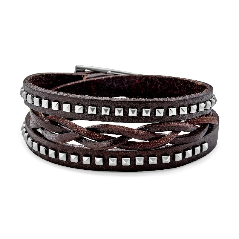 Custom Bracelets for Men-Hip Hop Punk Rocker Cuff Bracelet Metal Studded Rivets Wide Woven Leather