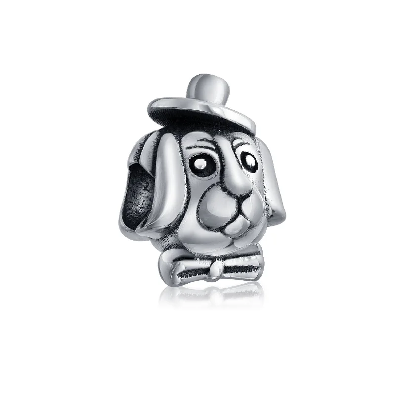 Friendship Bracelets-BFF Puppy Top Hat Charm Bead in Oxidized Sterling Silver for European Bracelets