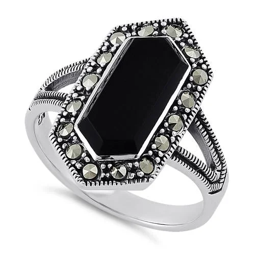 Custom Gemstone Rings-Sterling Silver Black Onyx Diamond Shaped Marcasite Ring