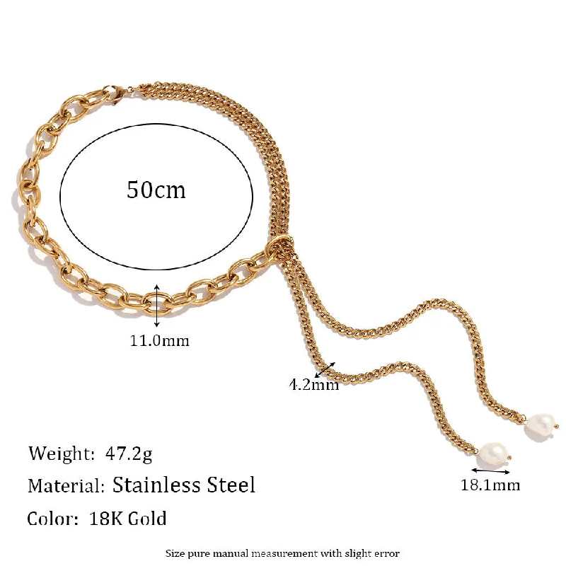 Double layer Cuban chain O-shaped chain splicing Y-shaped freshwater pearl necklace - gold