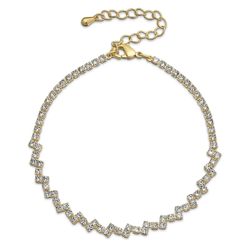 Diamond Tennis Bracelets-Thin Minimalist Chain Link Bracelet with Cubic Zirconia in Yellow Gold Plated