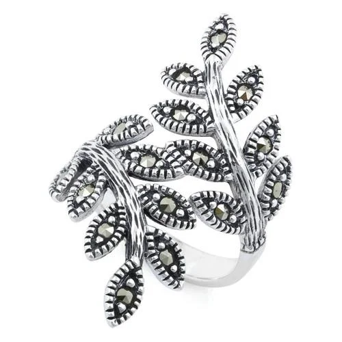 Custom Ring Sets-Sterling Silver Two Leaf Marcasite Ring