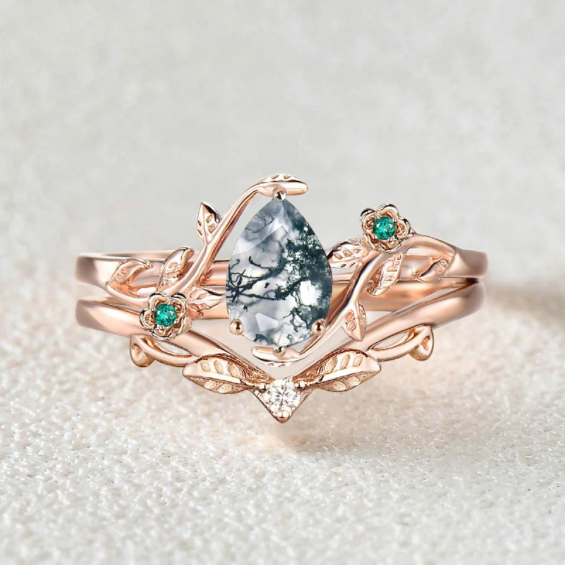 Two-Tone Rings-Leafy & Floral Pear Shaped Moss Agate Engagement Ring Sets 2pcs