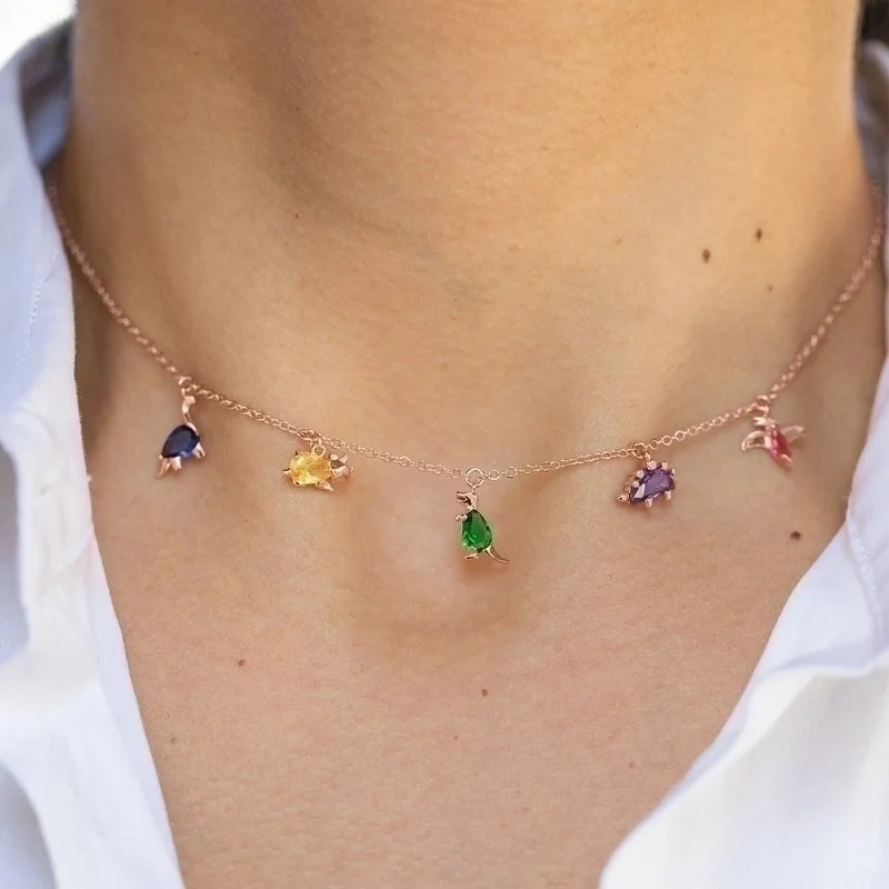 Gemstone Pendant Necklaces-Wholesale Small Dinosaur Anklet Clavicle Chain 18k Gold Color-preserving Jewelry Animal Dinosaur Bracelet