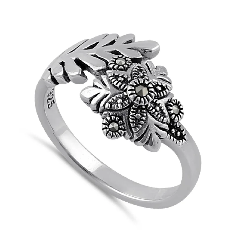 Wedding Band Rings-Sterling Silver Snow Flake Flower Marcasite Ring