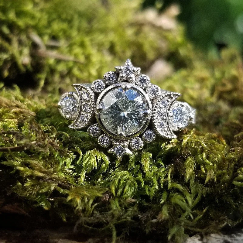 Designer Gold Rings-Selene Moon Goddess Engagement Ring - Lab Diamond, Sapphire, Moissanite or Galaxy Diamond Lunar Boho Wedding Ring -14k Palladium White Gold