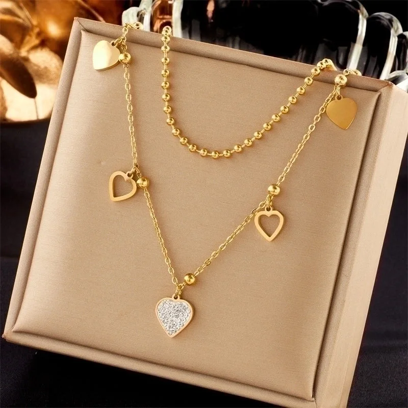 Lotus Necklaces-Elegant Lady Heart Shape Titanium Steel Plating Inlay Zircon Layered Necklaces