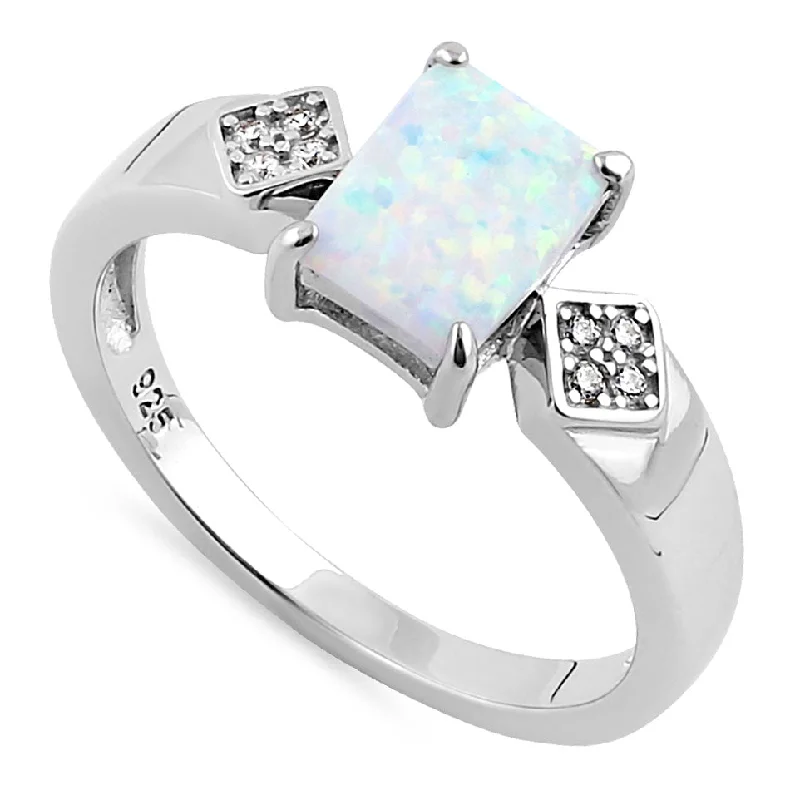 Black Stainless Steel Rings-Sterling Silver Elegant White Lab Opal Rectangle CZ Ring