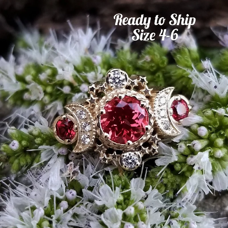 Birthstone Promise Rings-Ready to Ship Size 4-6 Chatham Padparadscha Sapphire Cosmos Engagement Ring - 14k Yellow Gold and Diamonds